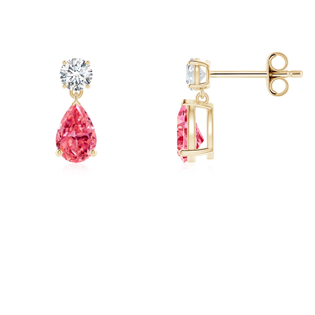 6x4mm Labgrown Pear-Shaped Lab-Grown Fancy Intense Pink Diamond Drop Earrings in Yellow Gold