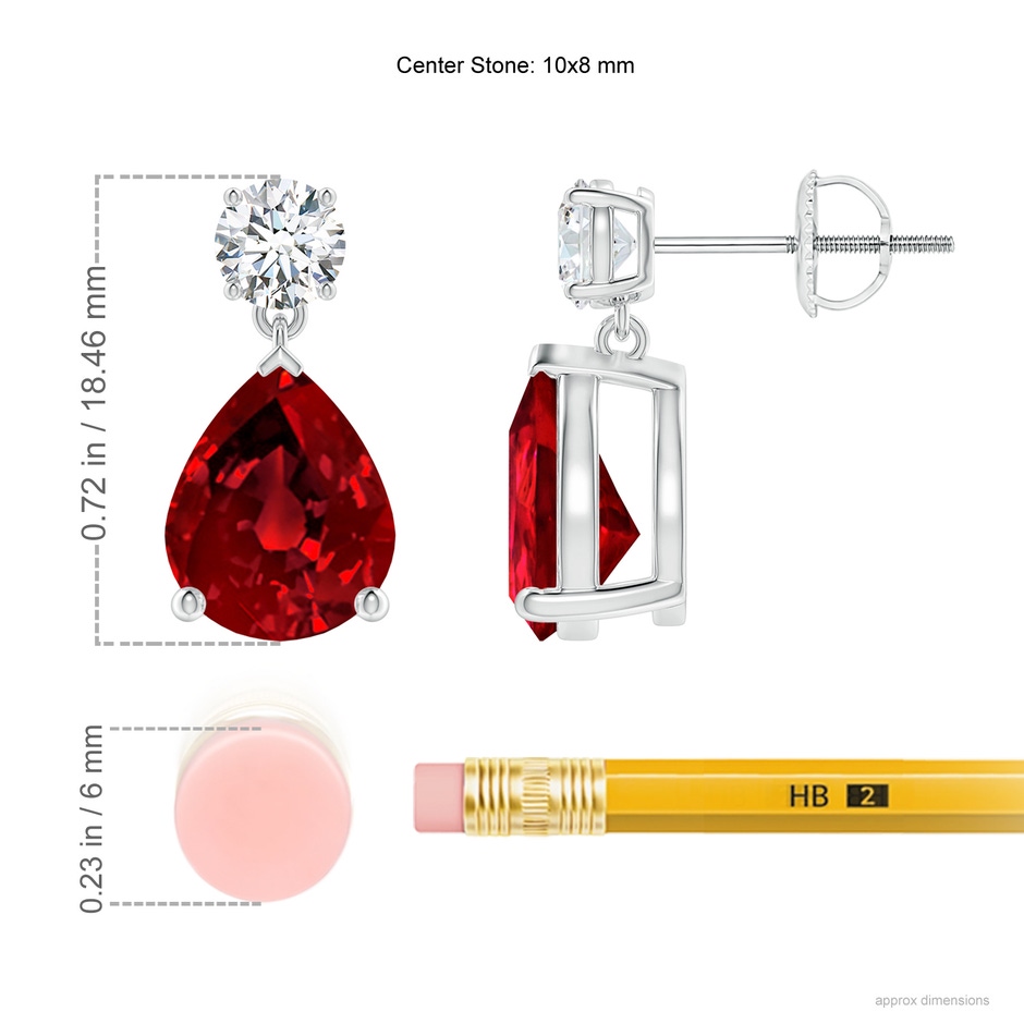 10x8mm Labgrown Lab-Grown Pear-Shaped Ruby Drop Earrings with Lab Diamond in P950 Platinum ruler
