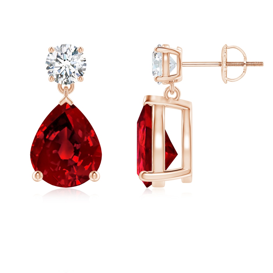 10x8mm Labgrown Lab-Grown Pear-Shaped Ruby Drop Earrings with Lab Diamond in Rose Gold 