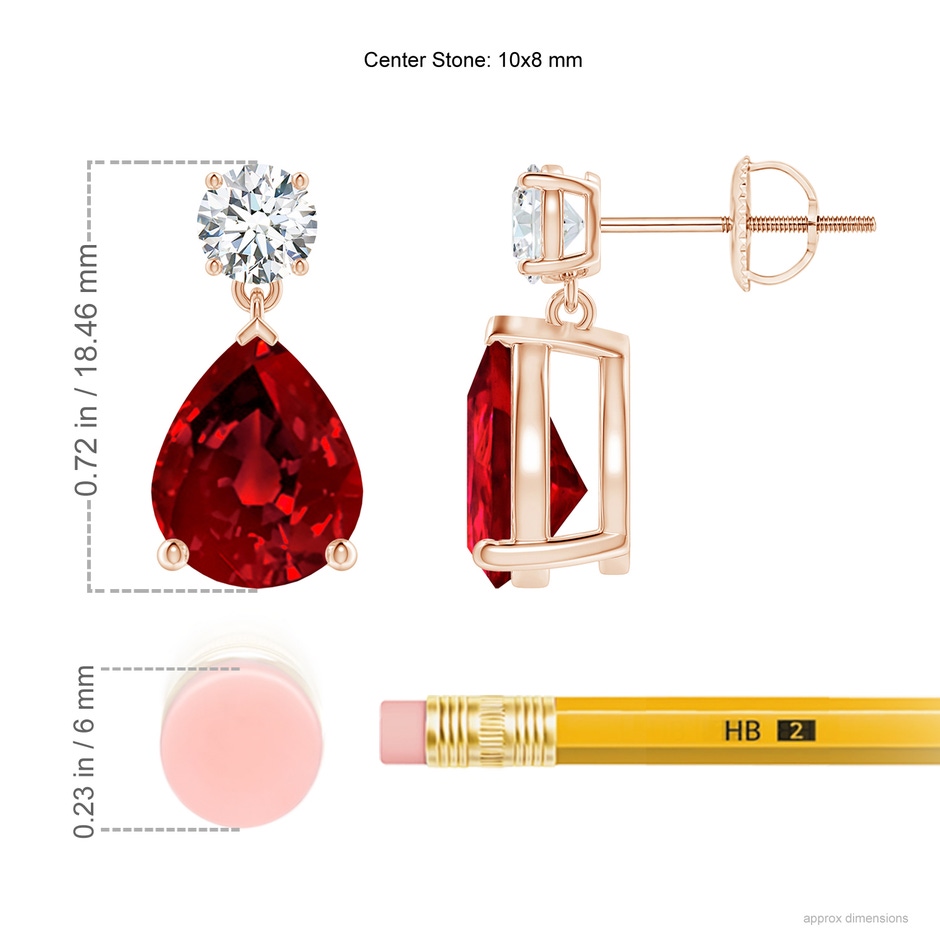 10x8mm Labgrown Lab-Grown Pear-Shaped Ruby Drop Earrings with Lab Diamond in Rose Gold ruler