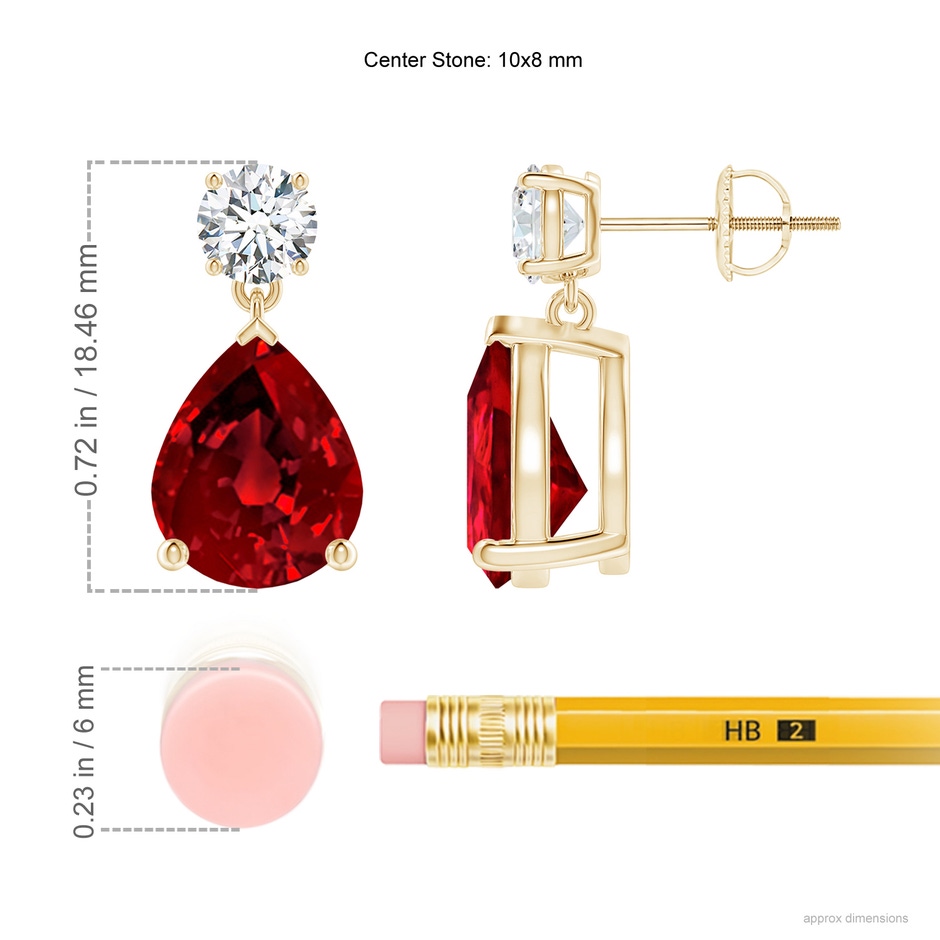 10x8mm Labgrown Lab-Grown Pear-Shaped Ruby Drop Earrings with Lab Diamond in Yellow Gold ruler