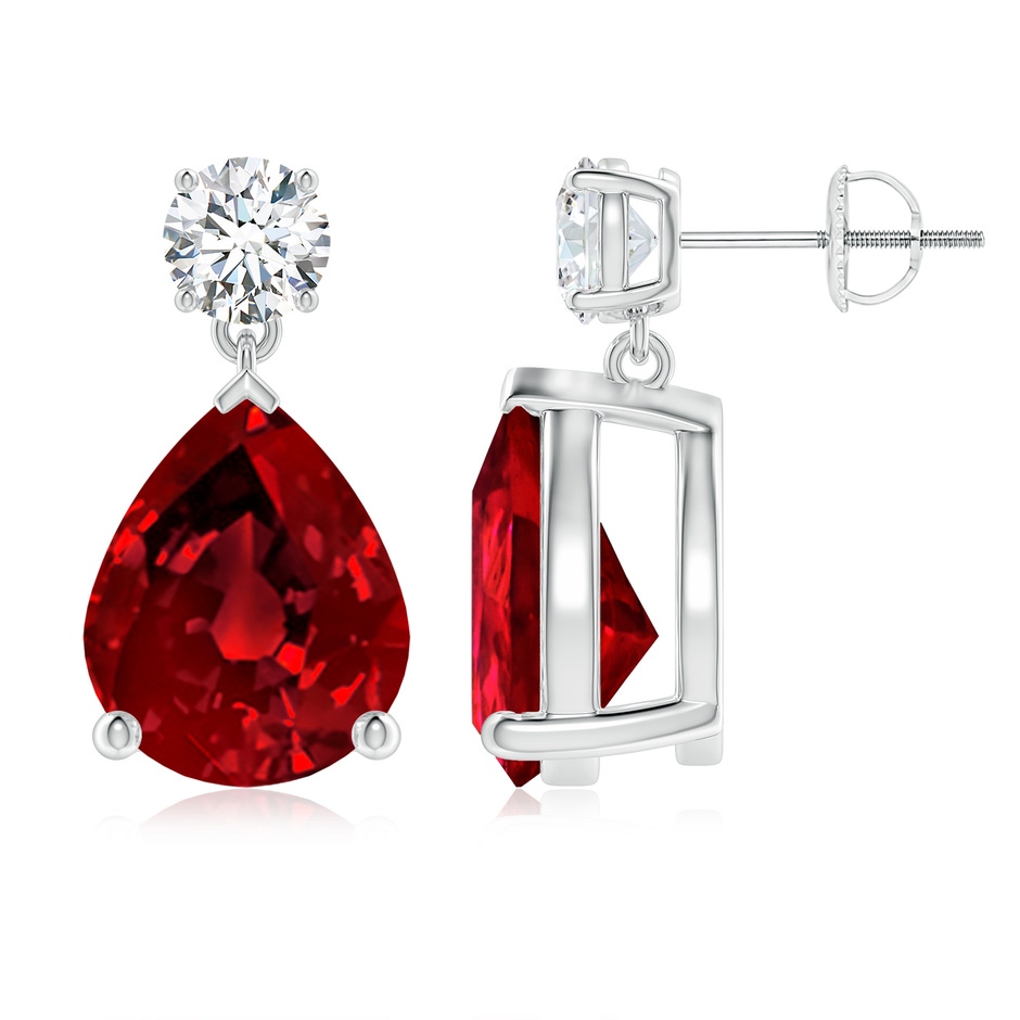 12x10mm Labgrown Lab-Grown Pear-Shaped Ruby Drop Earrings with Lab Diamond in 18K White Gold 