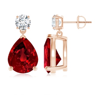 12x10mm Labgrown Lab-Grown Pear-Shaped Ruby Drop Earrings with Lab Diamond in Rose Gold