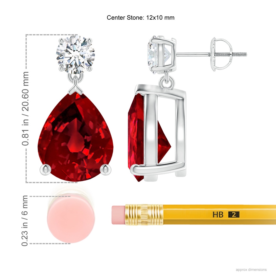 12x10mm Labgrown Lab-Grown Pear-Shaped Ruby Drop Earrings with Lab Diamond in White Gold ruler