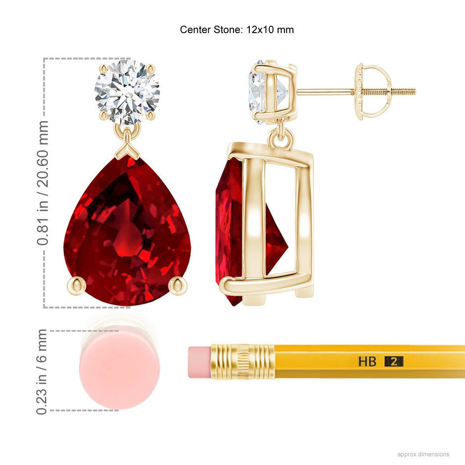 12x10mm Labgrown Lab-Grown Pear-Shaped Ruby Drop Earrings with Lab Diamond in Yellow Gold ruler