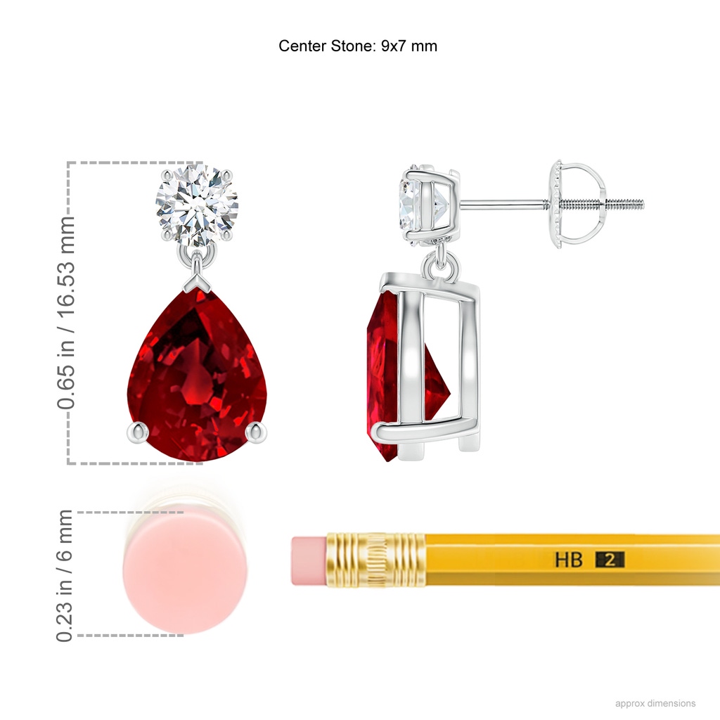 9x7mm Labgrown Lab-Grown Pear-Shaped Ruby Drop Earrings with Lab Diamond in White Gold ruler