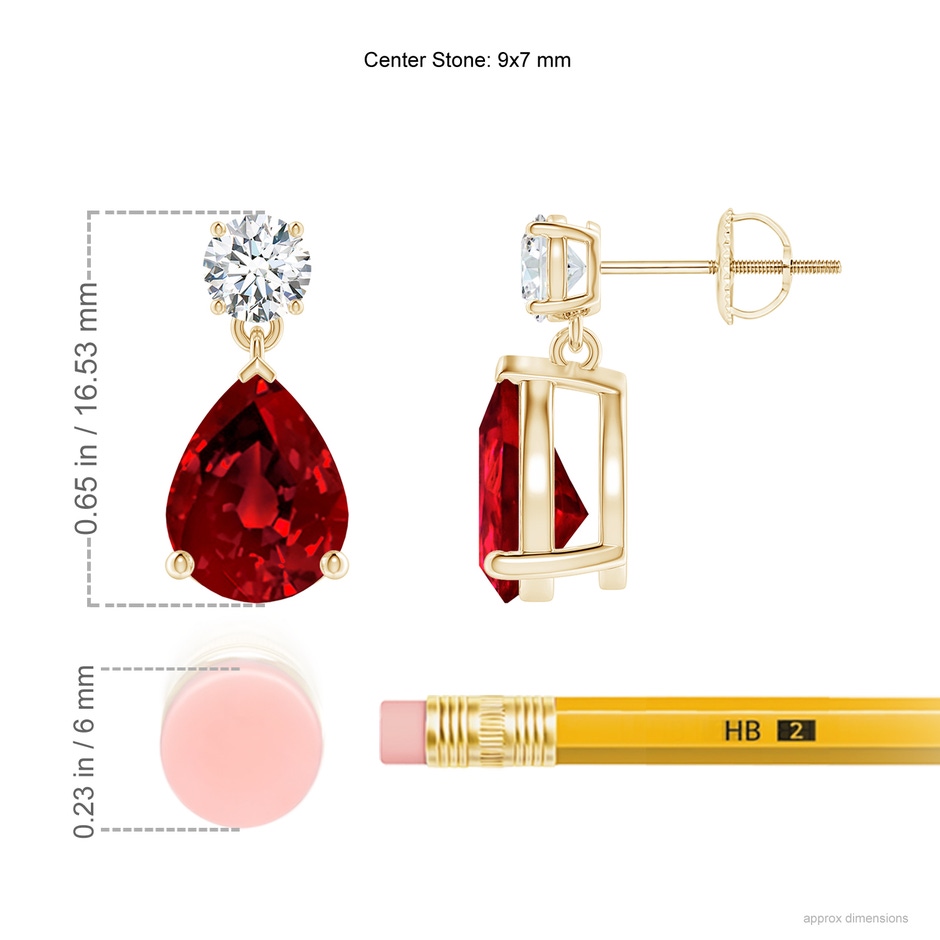 9x7mm Labgrown Lab-Grown Pear-Shaped Ruby Drop Earrings with Lab Diamond in Yellow Gold ruler
