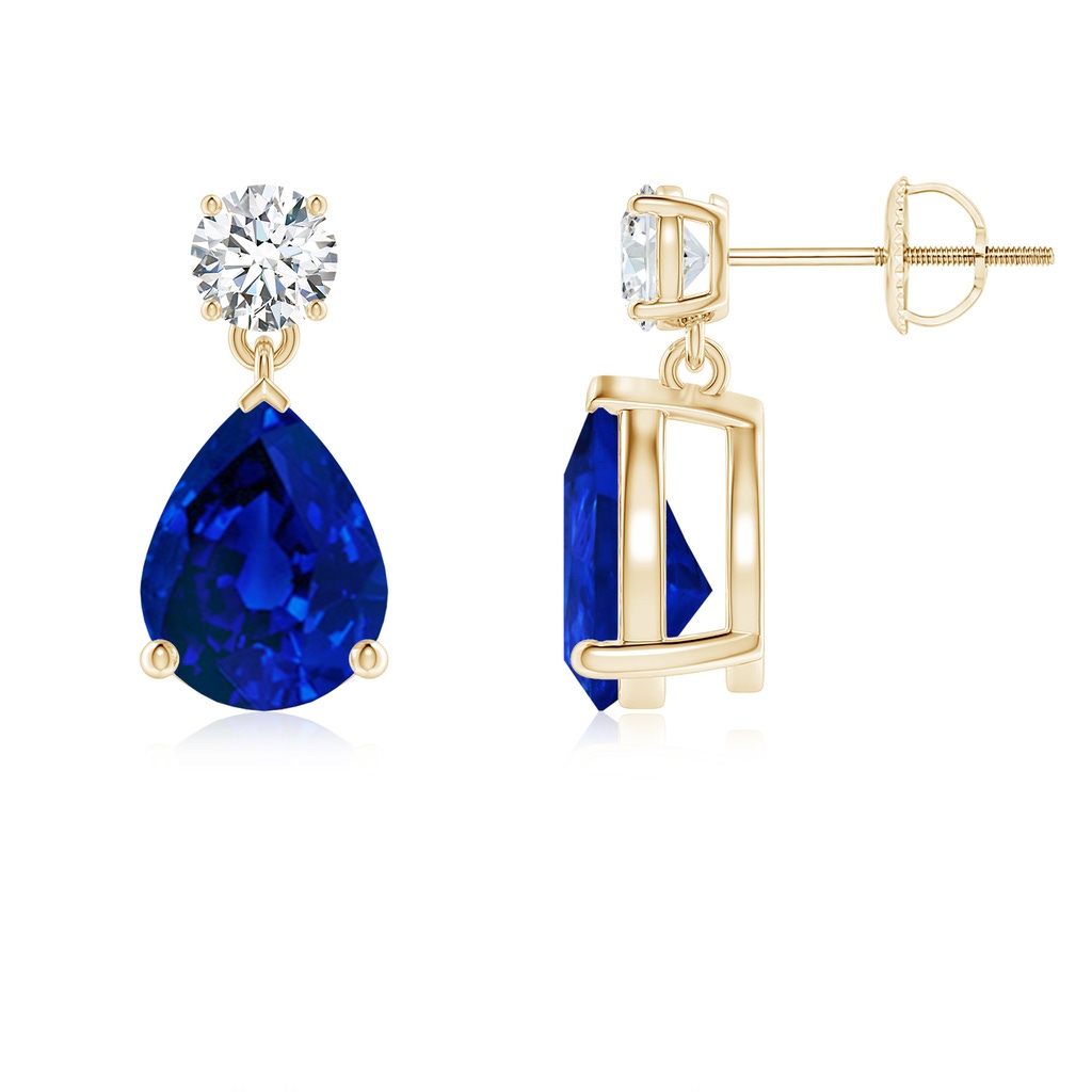 9x7mm Labgrown Lab-Grown Pear-Shaped Blue Sapphire Drop Earrings with Lab Diamond in Yellow Gold