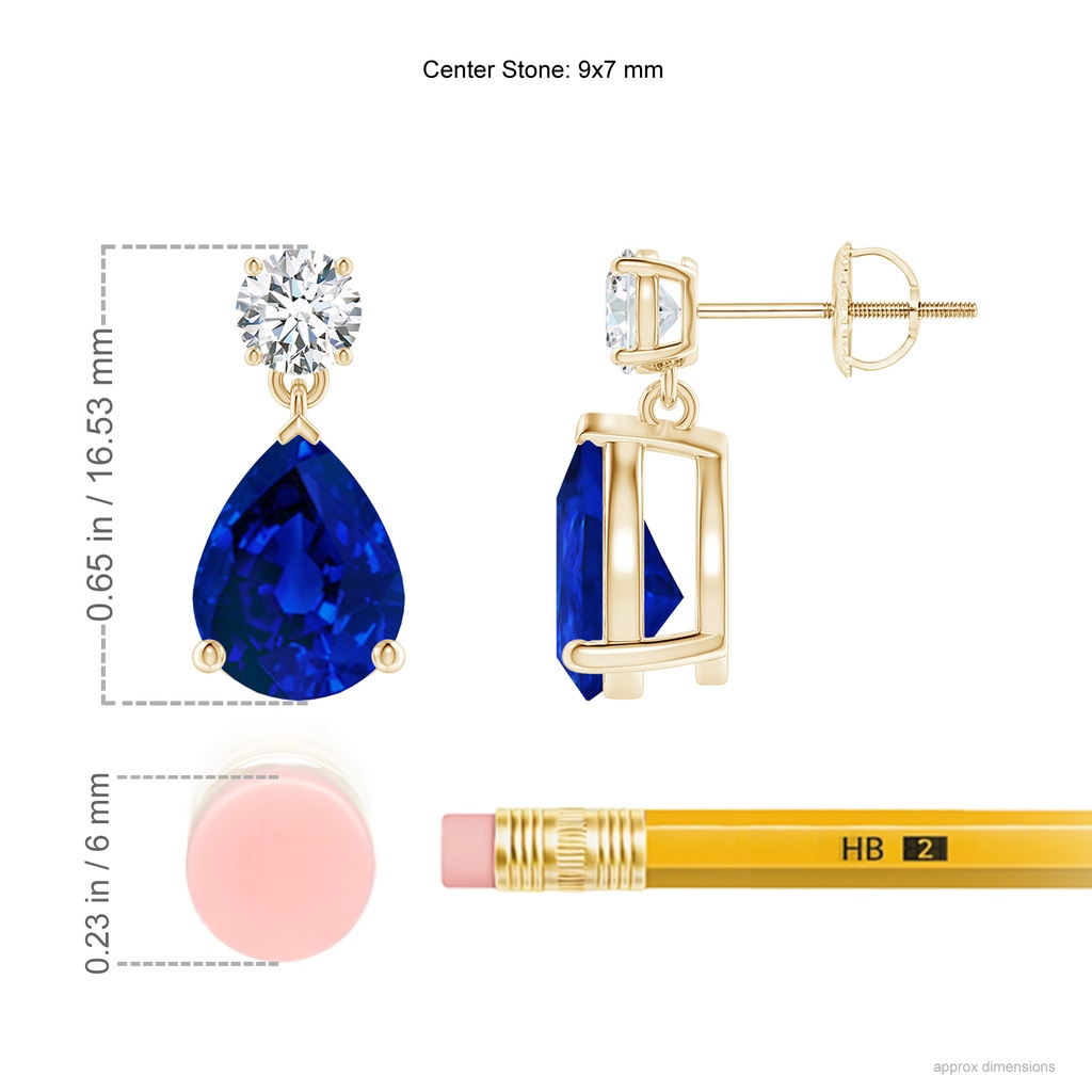 9x7mm Labgrown Lab-Grown Pear-Shaped Blue Sapphire Drop Earrings with Lab Diamond in Yellow Gold ruler