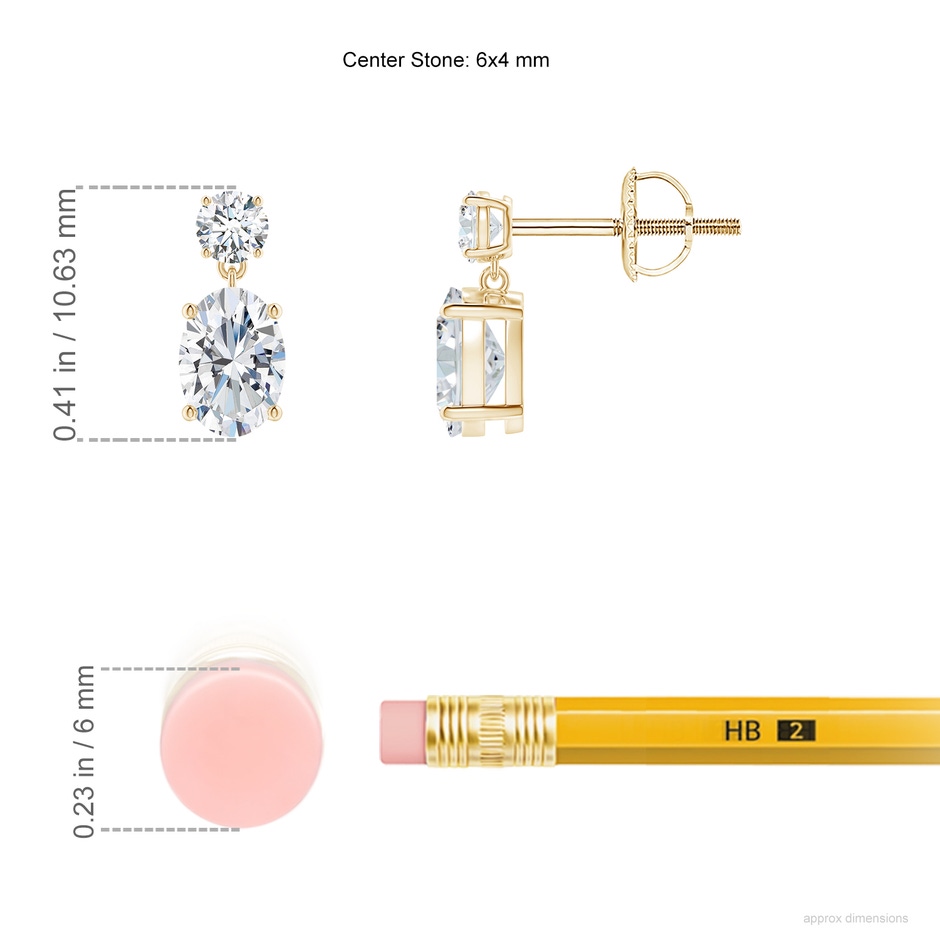 6x4mm FGVS Lab-Grown Oval Diamond Drop Earrings in Yellow Gold ruler