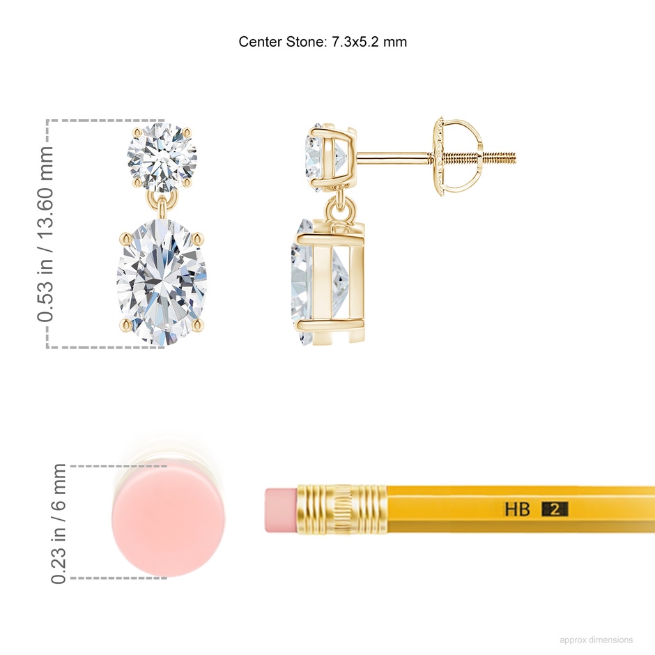 7.3x5.2mm FGVS Lab-Grown Oval Diamond Drop Earrings in 9K Yellow Gold ruler