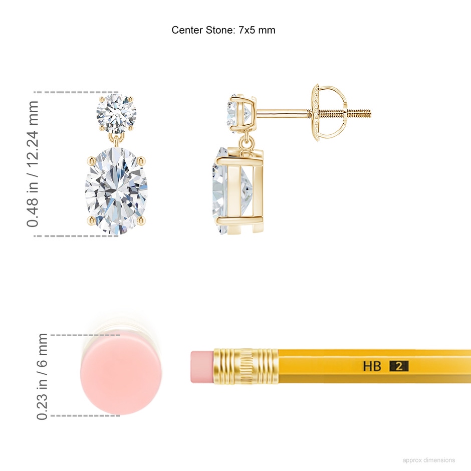 7x5mm FGVS Lab-Grown Oval Diamond Drop Earrings in Yellow Gold ruler