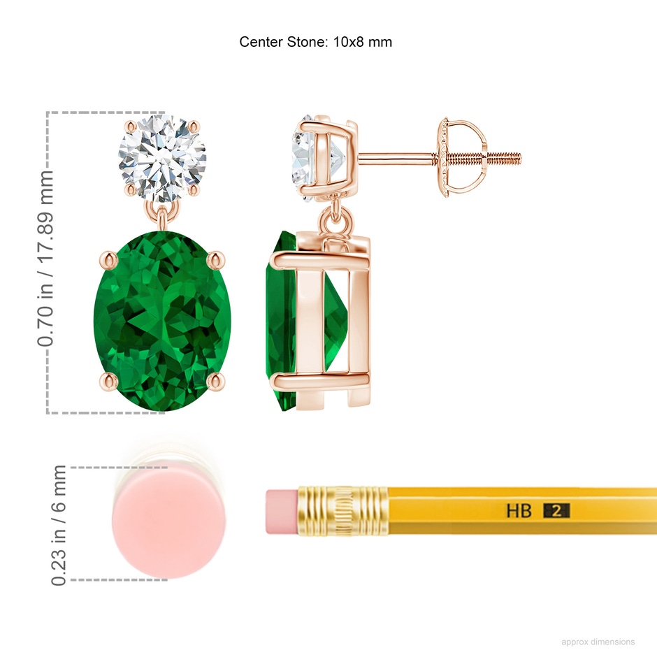 10x8mm Labgrown Lab-Grown Oval Emerald Drop Earrings with Lab Diamond in Rose Gold ruler