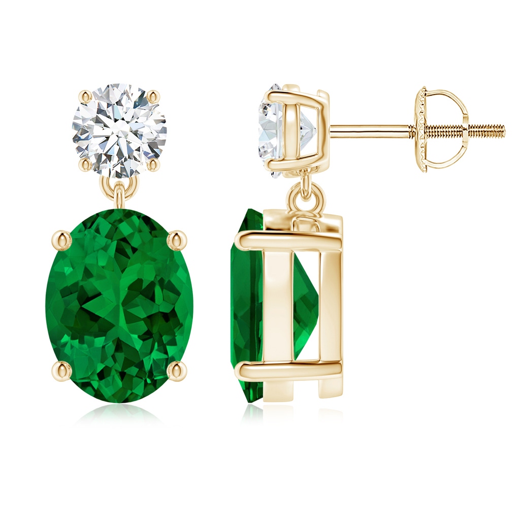 10x8mm Labgrown Lab-Grown Oval Emerald Drop Earrings with Lab Diamond in Yellow Gold