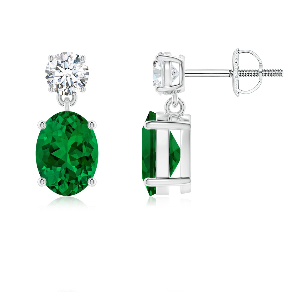 8x6mm Labgrown Lab-Grown Oval Emerald Drop Earrings with Lab Diamond in 18K White Gold