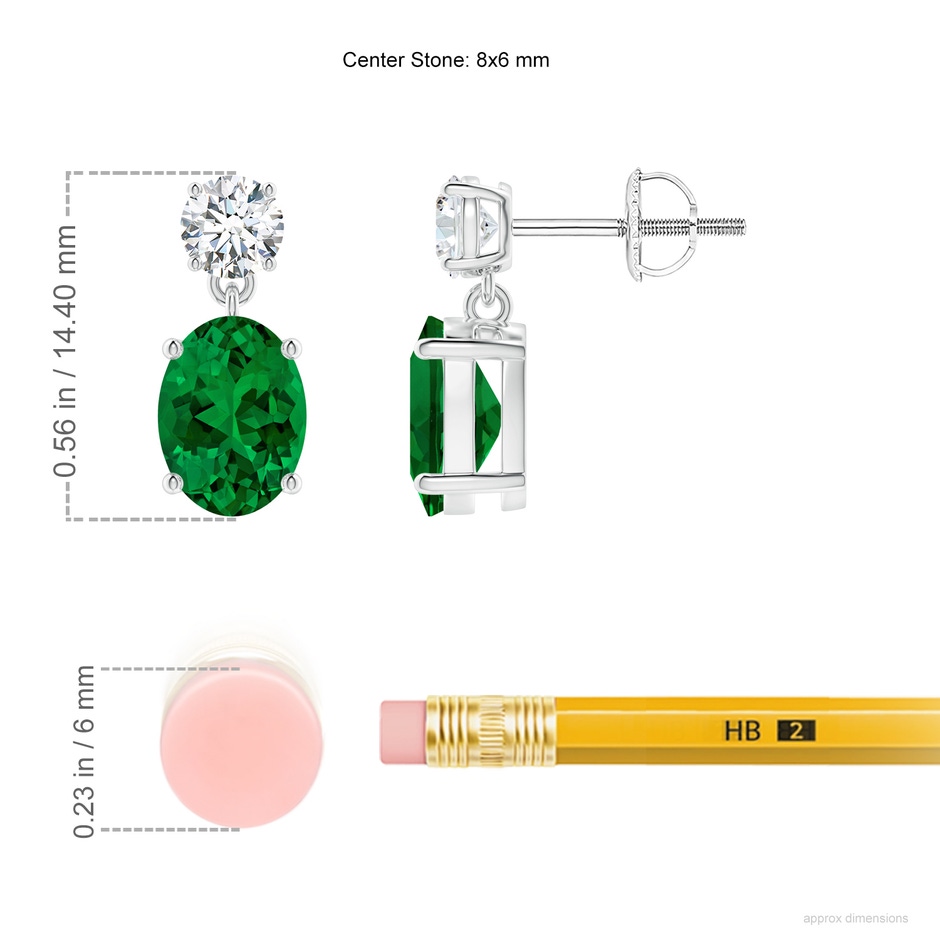 8x6mm Labgrown Lab-Grown Oval Emerald Drop Earrings with Lab Diamond in 18K White Gold ruler