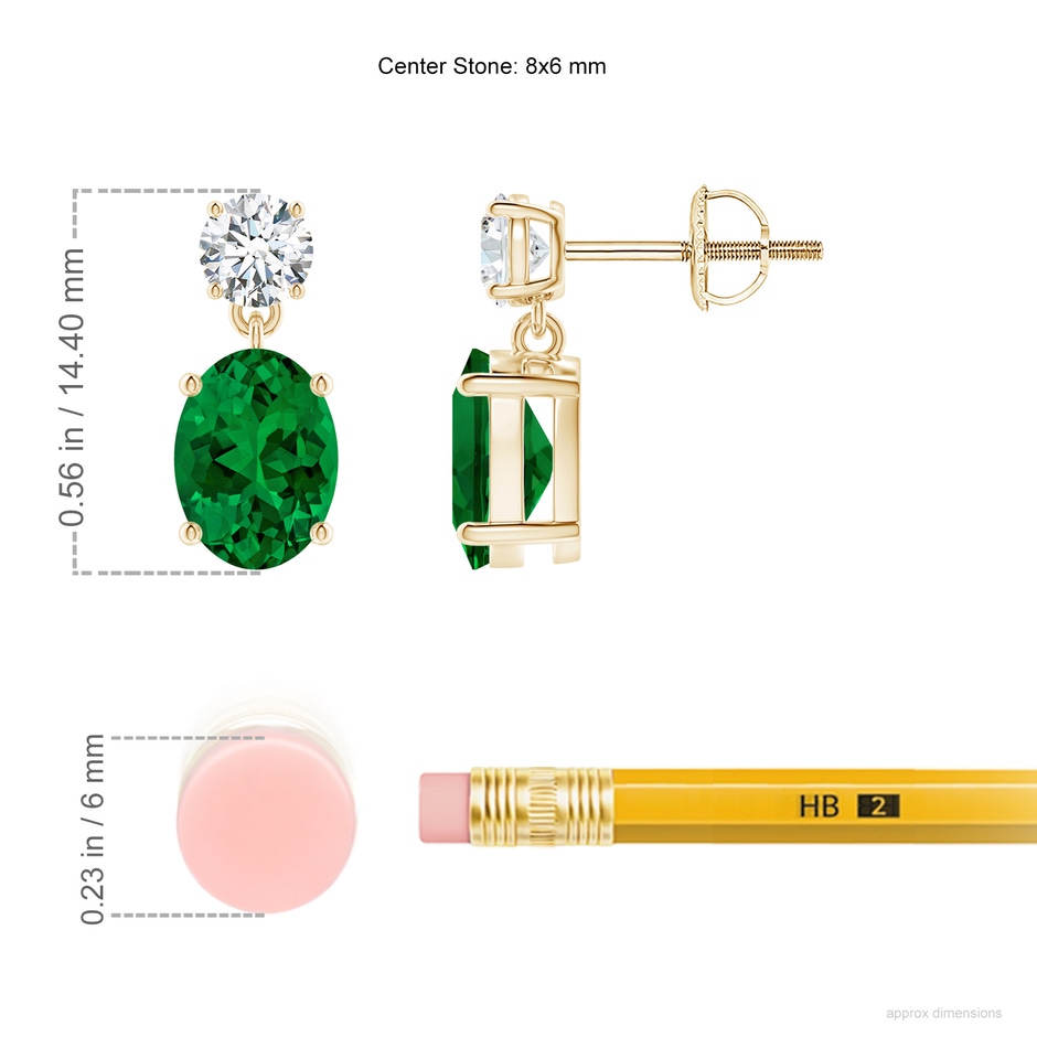 8x6mm Labgrown Lab-Grown Oval Emerald Drop Earrings with Lab Diamond in Yellow Gold ruler