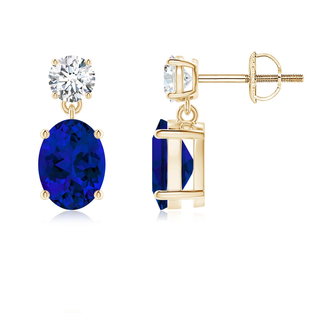 8x6mm Labgrown Lab-Grown Oval Blue Sapphire Drop Earrings with Lab Diamond in Yellow Gold