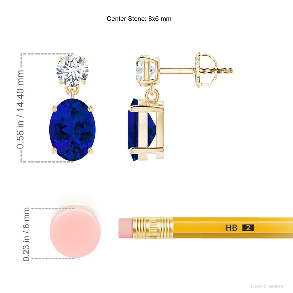 8x6mm Labgrown Lab-Grown Oval Blue Sapphire Drop Earrings with Lab Diamond in Yellow Gold ruler