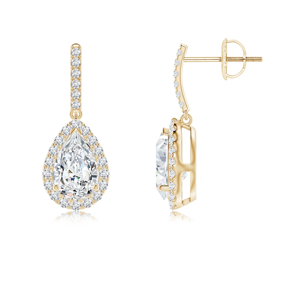 8x5mm FGVS Lab-Grown Pear-Shaped Diamond Halo Dangle Earrings in Yellow Gold