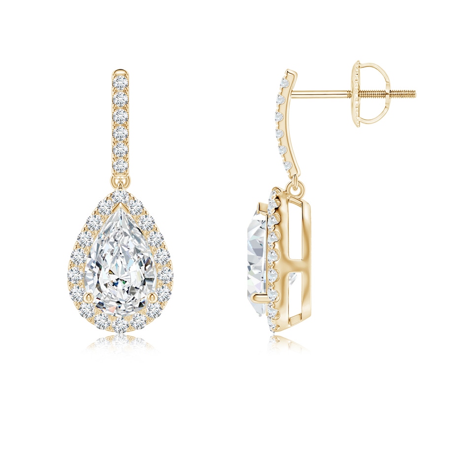 8x5mm FGVS Lab-Grown Pear-Shaped Diamond Halo Dangle Earrings in Yellow Gold 