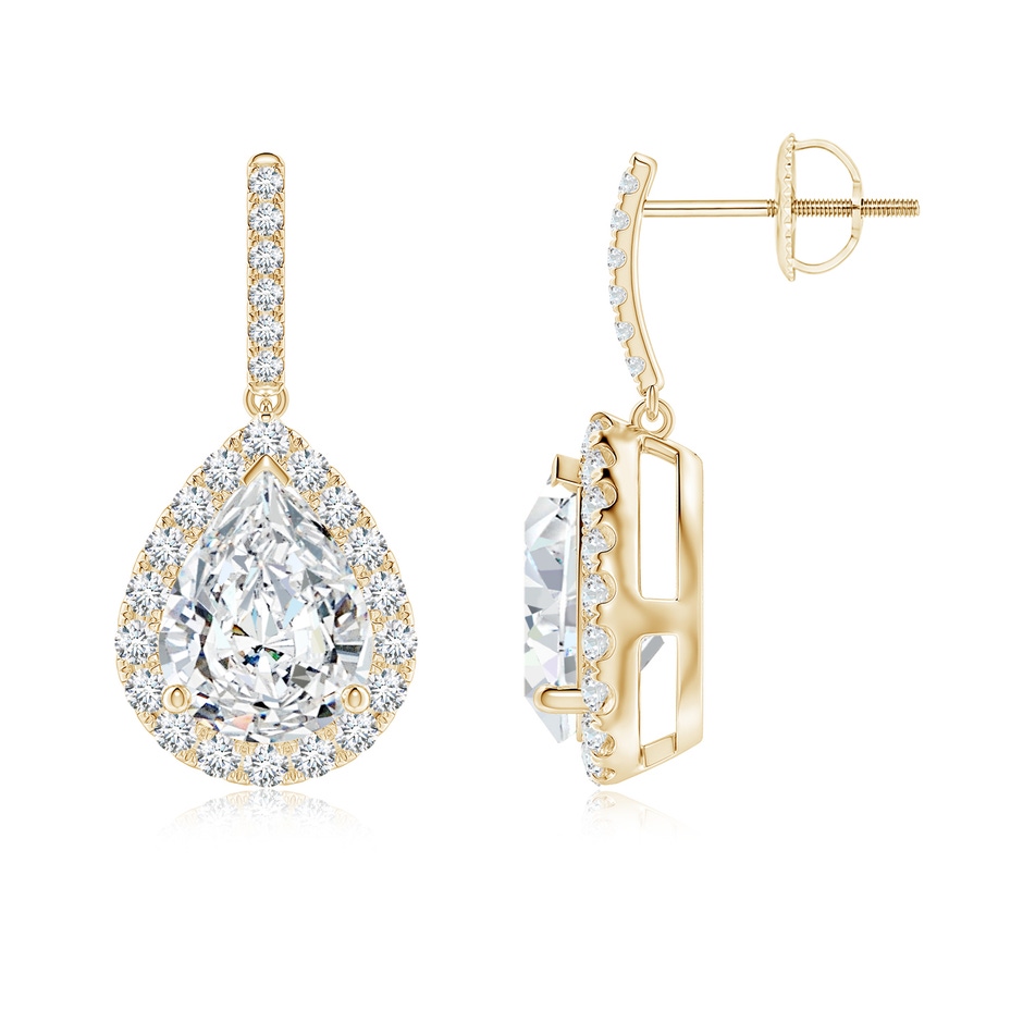 9.5x6mm FGVS Lab-Grown Pear-Shaped Diamond Halo Dangle Earrings in Yellow Gold 