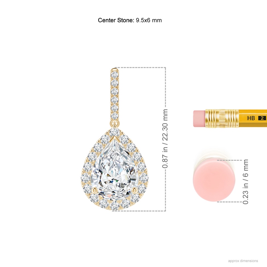 9.5x6mm FGVS Lab-Grown Pear-Shaped Diamond Halo Dangle Earrings in Yellow Gold ruler