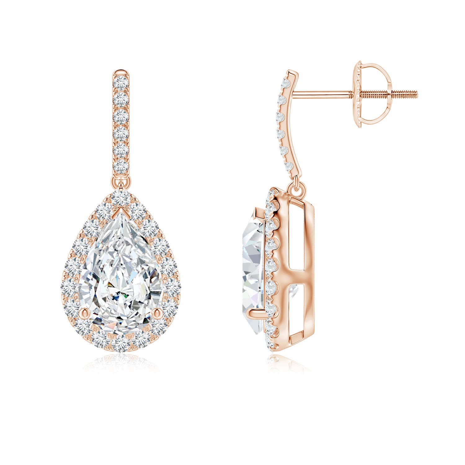 9x5.5mm FGVS Lab-Grown Pear-Shaped Diamond Halo Dangle Earrings in Rose Gold