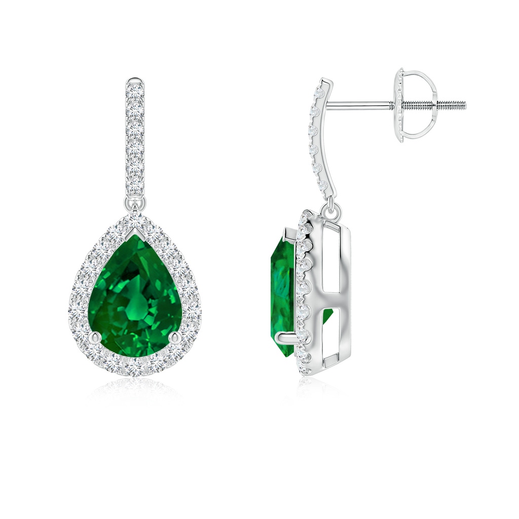 8x6mm Labgrown Lab-Grown Pear-Shaped Emerald Halo Dangle Earrings in White Gold 