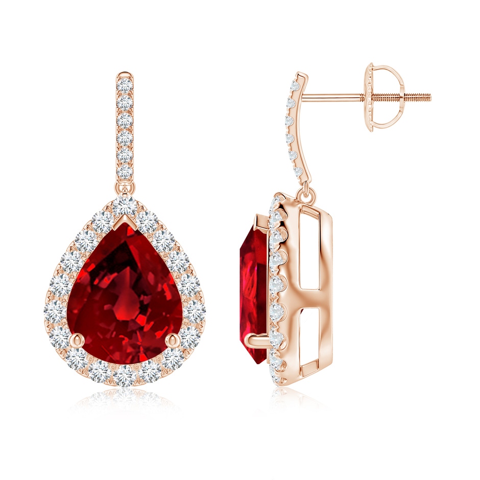 10x8mm Labgrown Lab-Grown Pear-Shaped Ruby Halo Dangle Earrings in 18K Rose Gold 