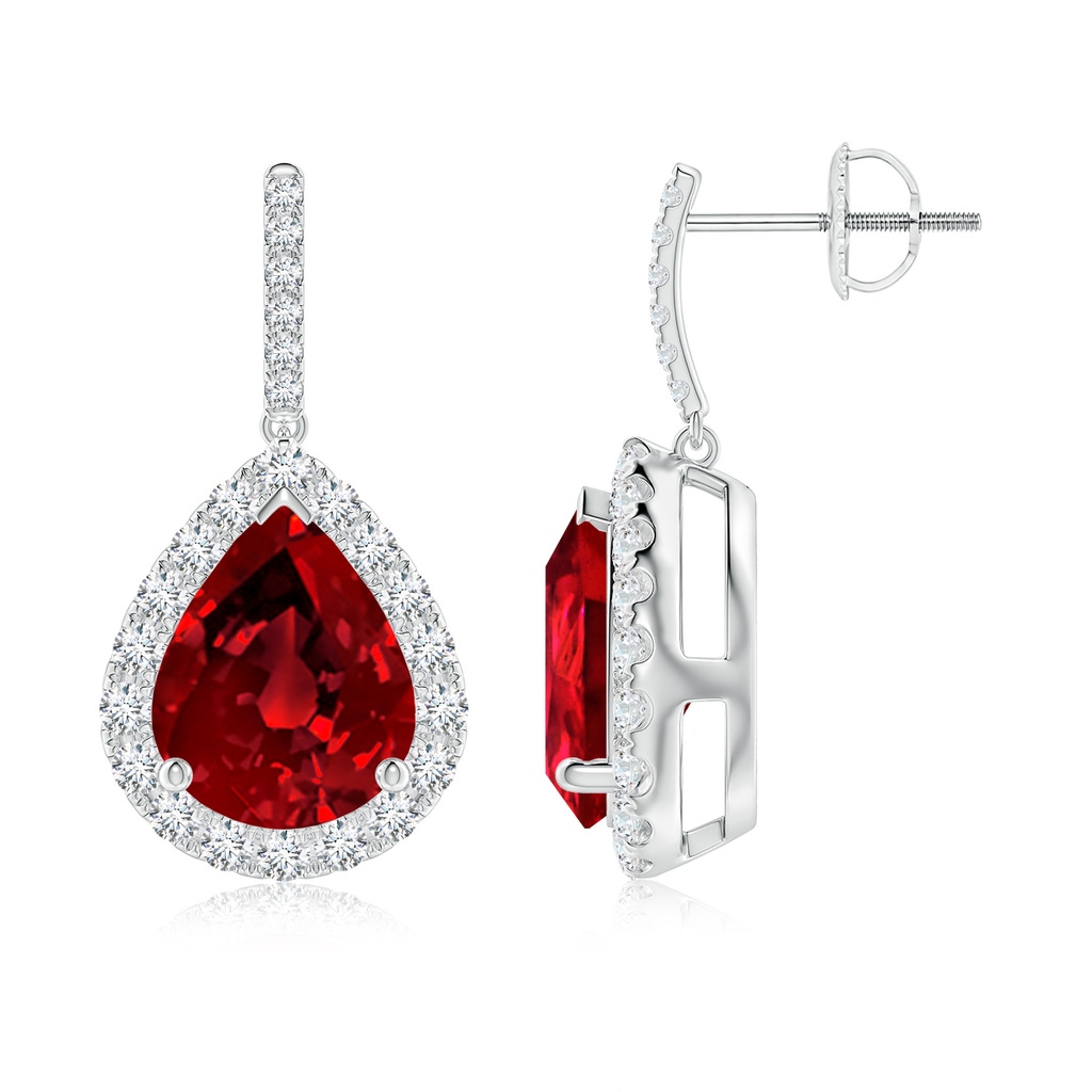10x8mm Labgrown Lab-Grown Pear-Shaped Ruby Halo Dangle Earrings in P950 Platinum