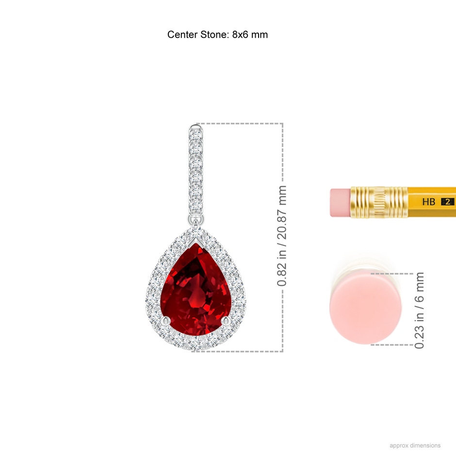 8x6mm Labgrown Lab-Grown Pear-Shaped Ruby Halo Dangle Earrings in White Gold ruler