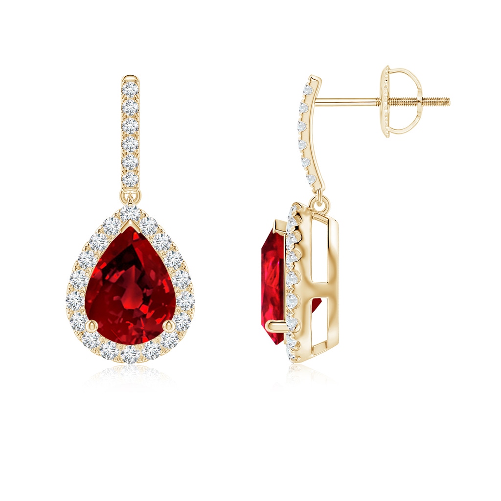 8x6mm Labgrown Lab-Grown Pear-Shaped Ruby Halo Dangle Earrings in Yellow Gold