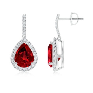 9x7mm Labgrown Lab-Grown Pear-Shaped Ruby Halo Dangle Earrings in P950 Platinum