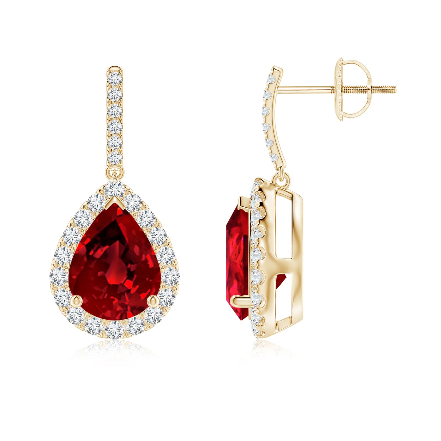 9x7mm Labgrown Lab-Grown Pear-Shaped Ruby Halo Dangle Earrings in Yellow Gold