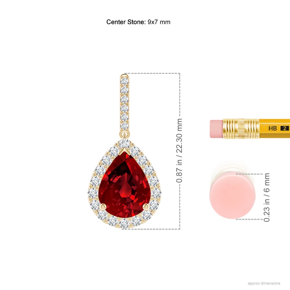 9x7mm Labgrown Lab-Grown Pear-Shaped Ruby Halo Dangle Earrings in Yellow Gold ruler