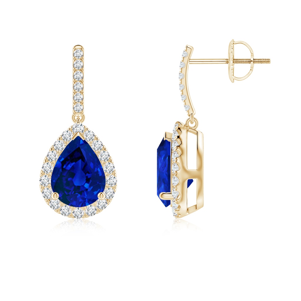 8x6mm Labgrown Lab-Grown Pear-Shaped Blue Sapphire Halo Dangle Earrings in Yellow Gold