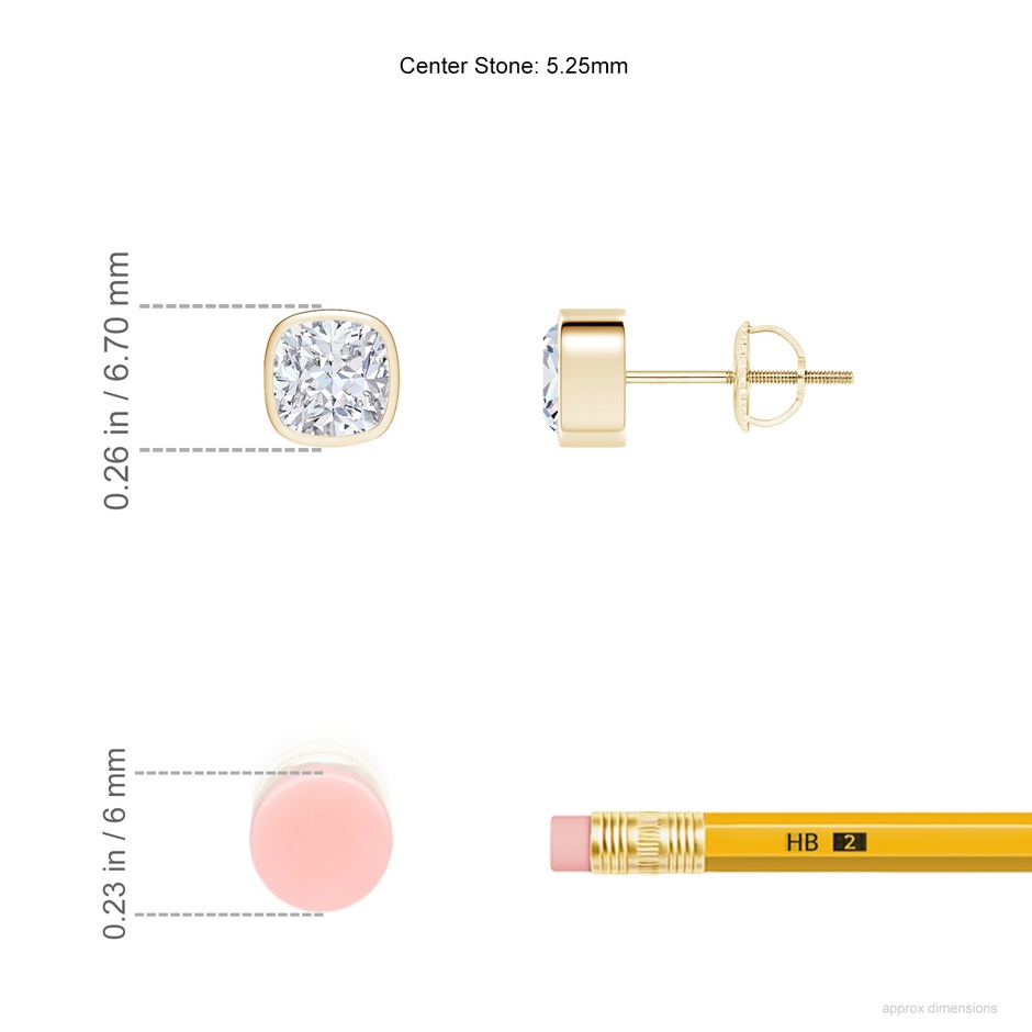5.25mm FGVS Lab-Grown Classic Cushion Diamond Solitaire Stud Earrings in Yellow Gold ruler