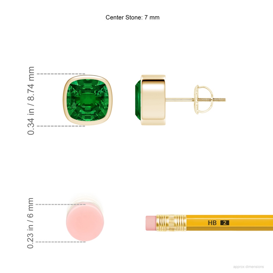 7mm Labgrown Lab-Grown Classic Cushion Emerald Solitaire Stud Earrings in Yellow Gold ruler