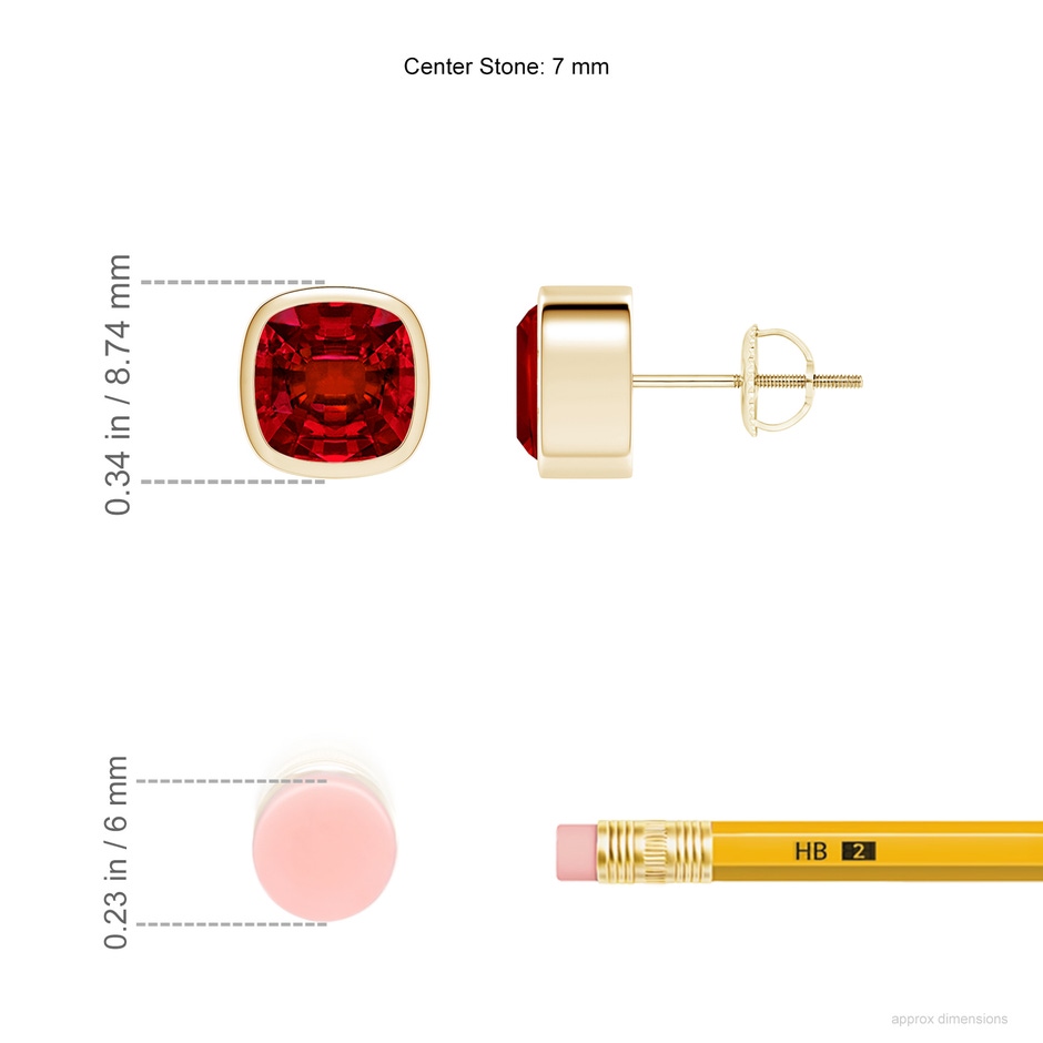 7mm Labgrown Lab-Grown Classic Cushion Ruby Solitaire Stud Earrings in 18K Yellow Gold ruler