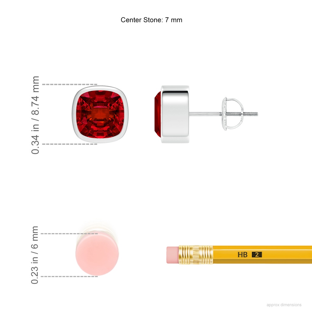 7mm Labgrown Lab-Grown Classic Cushion Ruby Solitaire Stud Earrings in White Gold ruler