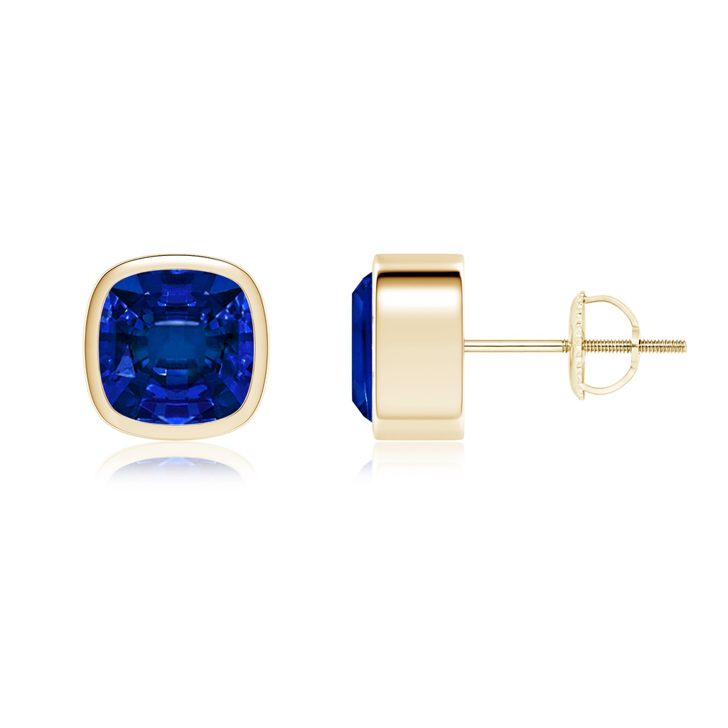 7mm Labgrown Lab-Grown Classic Cushion Blue Sapphire Solitaire Stud Earrings in Yellow Gold