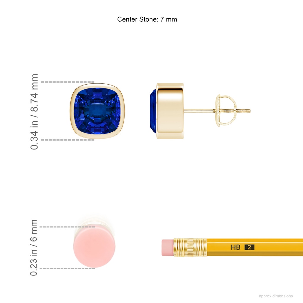7mm Labgrown Lab-Grown Classic Cushion Blue Sapphire Solitaire Stud Earrings in Yellow Gold ruler