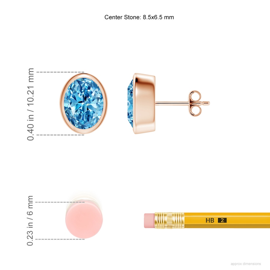 8.5x6.5mm Labgrown Classic Oval Lab-Grown Fancy Intense Blue Diamond Solitaire Stud Earrings in Rose Gold ruler