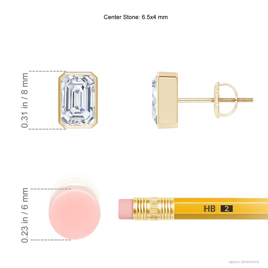 6.5x4mm FGVS Lab-Grown Classic Emerald-Cut Diamond Solitaire Stud Earrings in Yellow Gold ruler