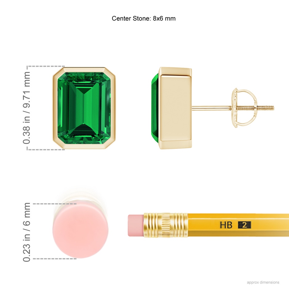 8x6mm Labgrown Lab-Grown Classic Emerald-Cut Emerald Solitaire Stud Earrings in Yellow Gold ruler