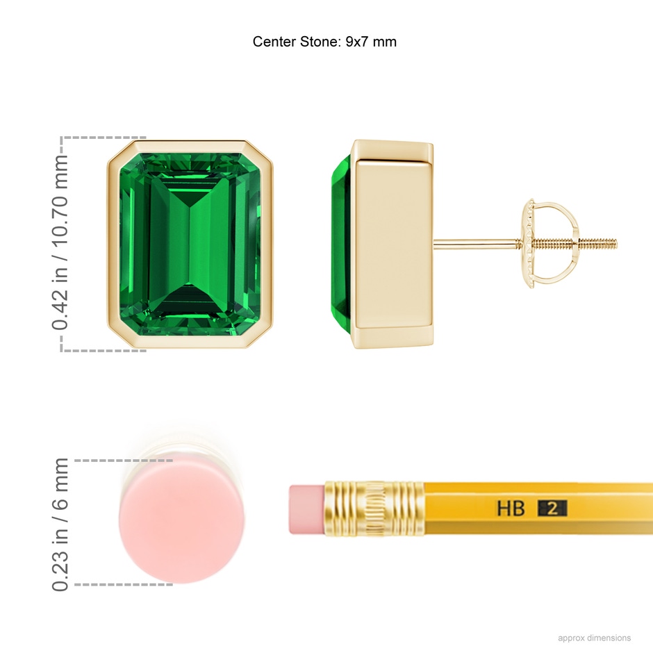 9x7mm Labgrown Lab-Grown Classic Emerald-Cut Emerald Solitaire Stud Earrings in Yellow Gold ruler