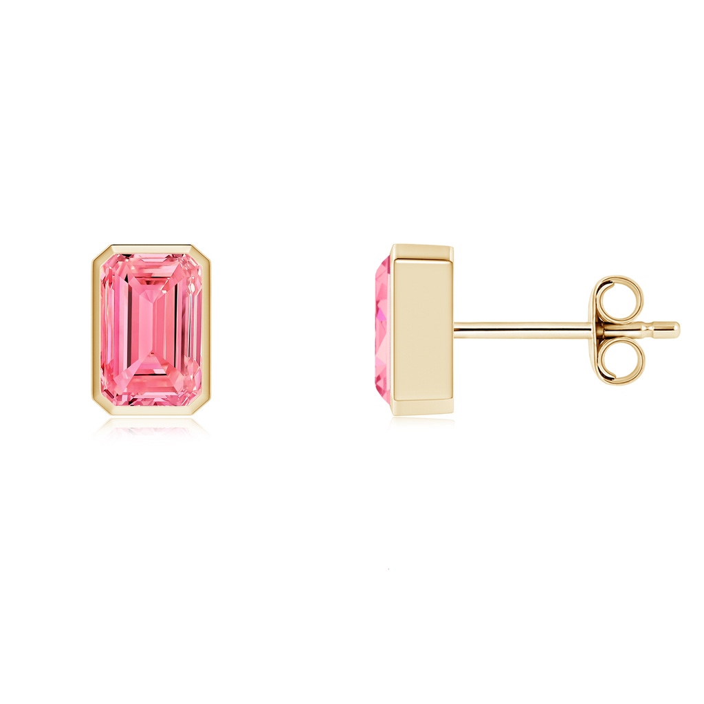 6.5x4mm Labgrown Classic Emerald-Cut Lab-Grown Fancy Intense Pink Diamond Solitaire Stud Earrings in Yellow Gold