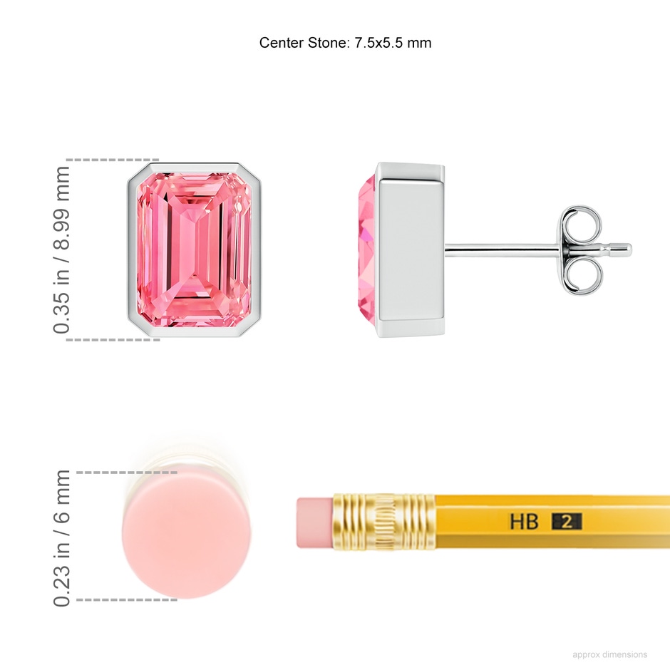 7.5x5.5mm Labgrown Classic Emerald-Cut Lab-Grown Fancy Intense Pink Diamond Solitaire Stud Earrings in White Gold ruler