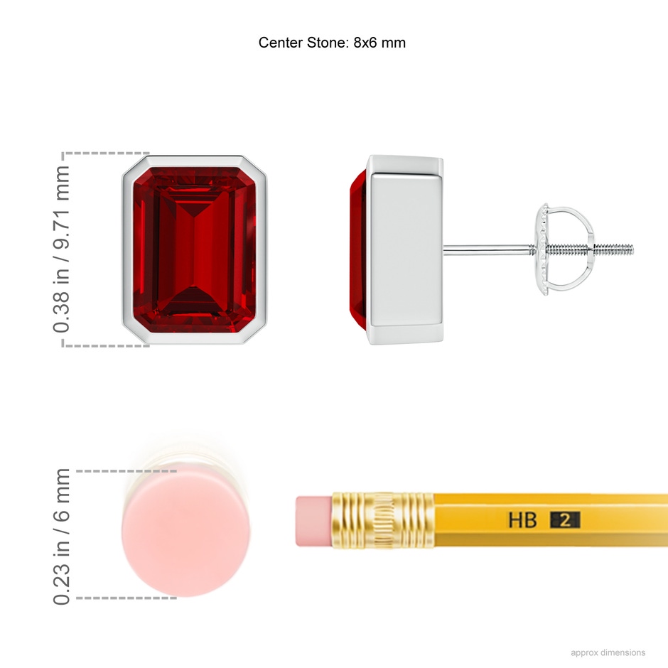 8x6mm Labgrown Lab-Grown Classic Emerald-Cut Ruby Solitaire Stud Earrings in White Gold ruler